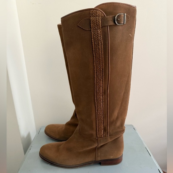 Anthropologie x Andrea Candela Olimpia Tan Brown Suede Knee-High Riding Boots 9 - Picture 3 of 11